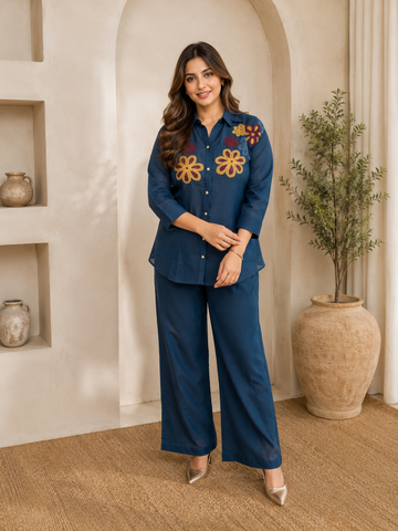 Peacock Bloom Embroidered Cotton Co-ord Set