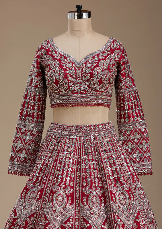 Red Silver Zariwork Raw Silk Readymade Lehenga