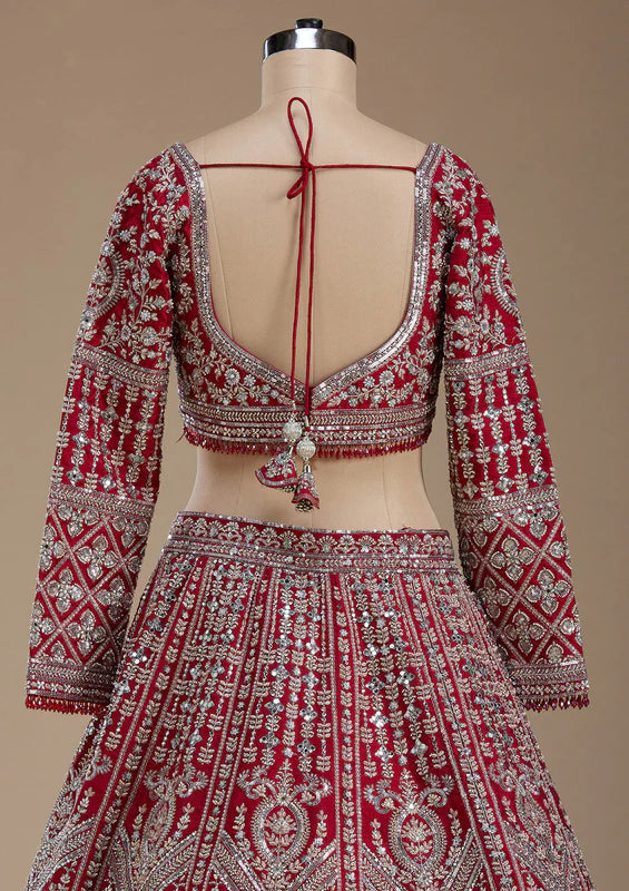 Red Silver Zariwork Raw Silk Readymade Lehenga