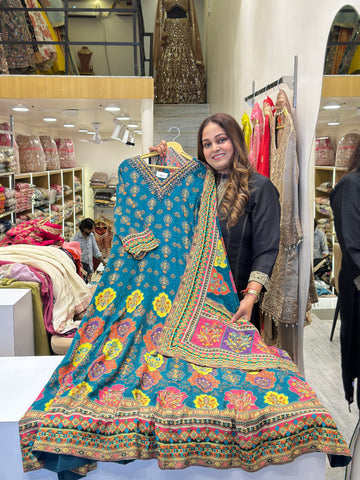 Teal Heritage Print Anarkali