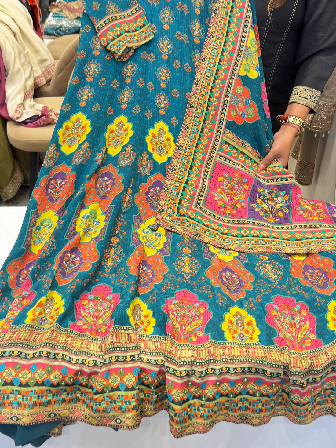 Teal Heritage Print Anarkali