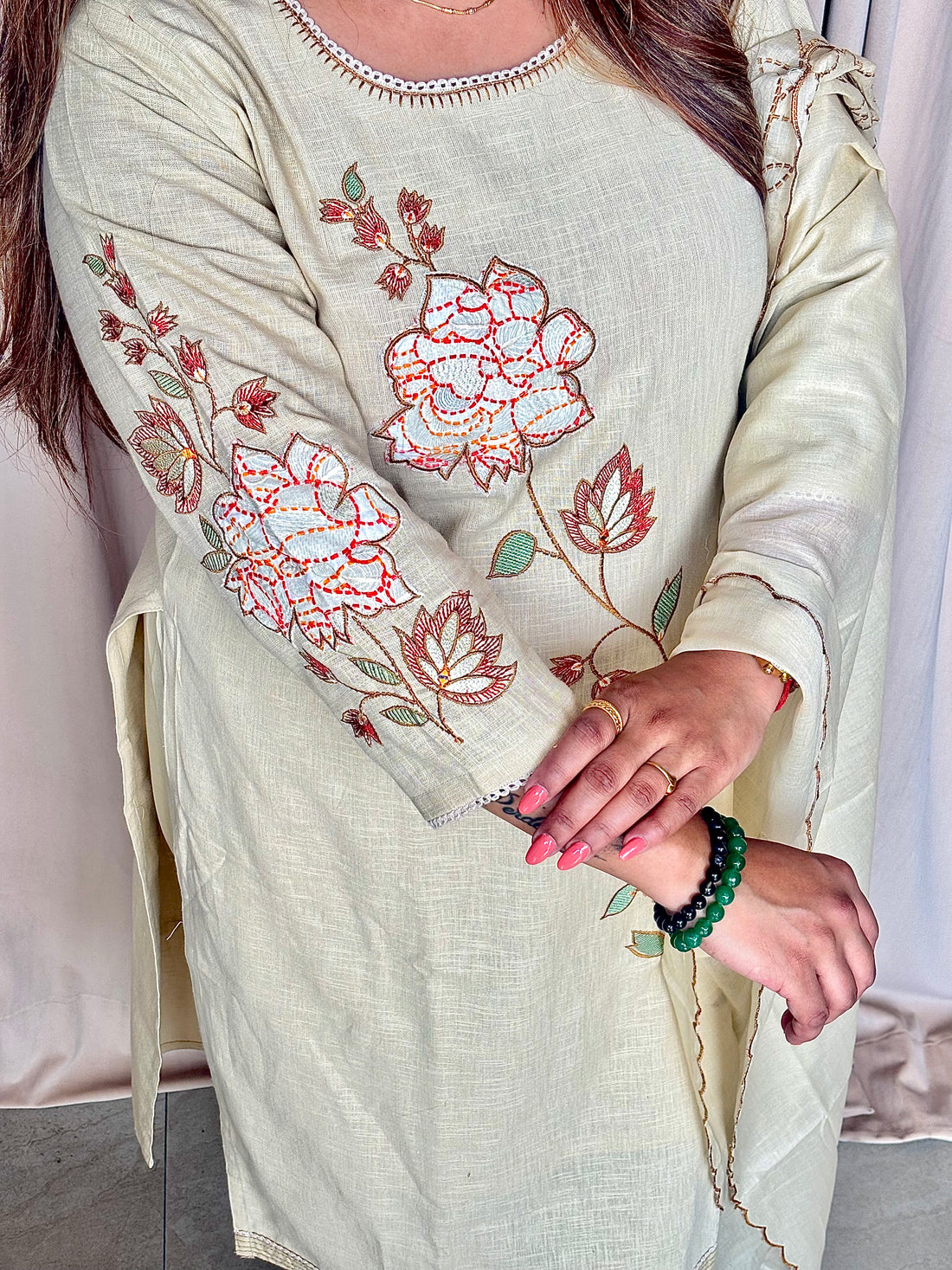 Ivory Bloom Cotton Straight Suit