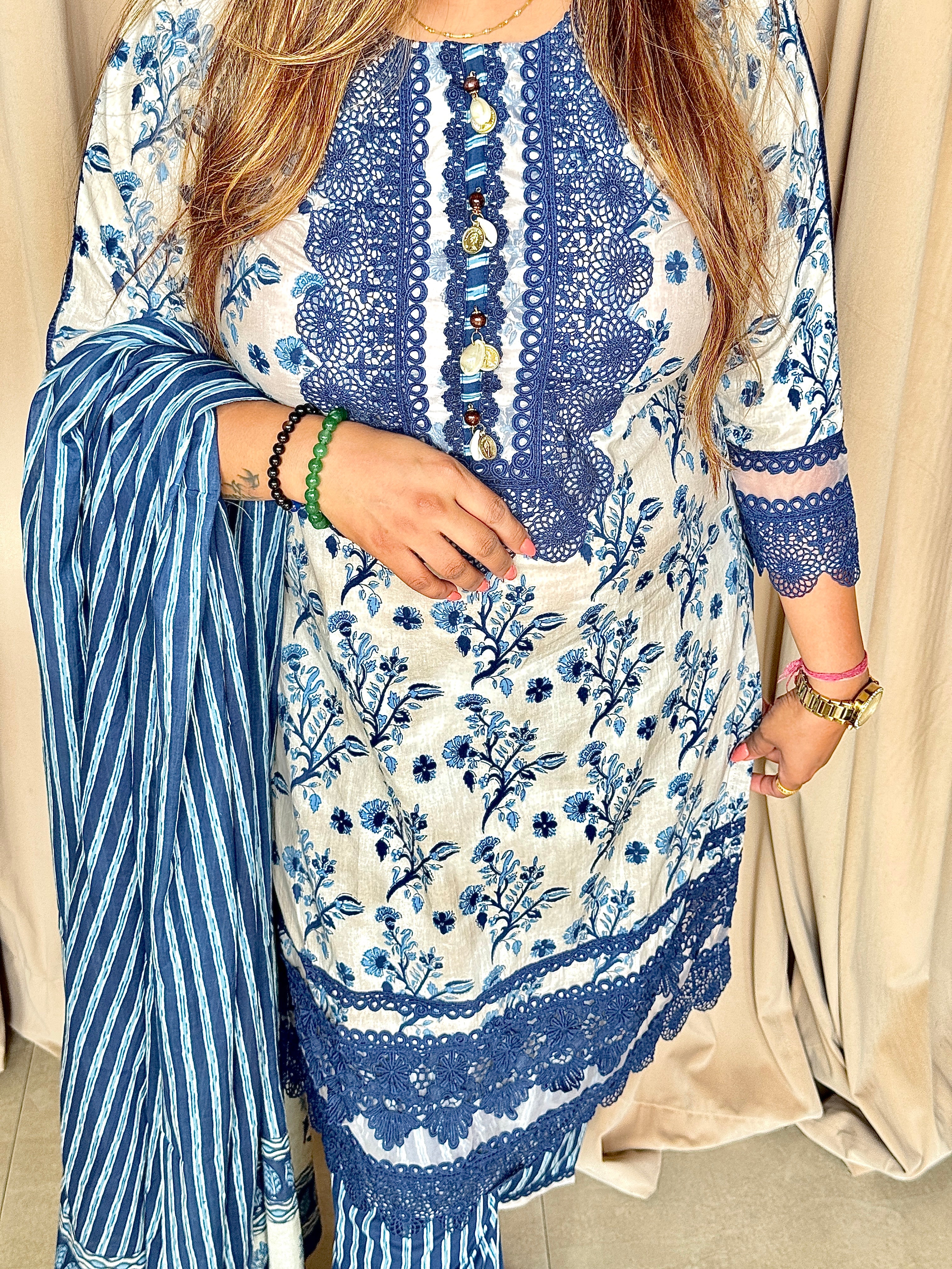 Azure Grace Crochet Lace Kurti Set - 3 pcs