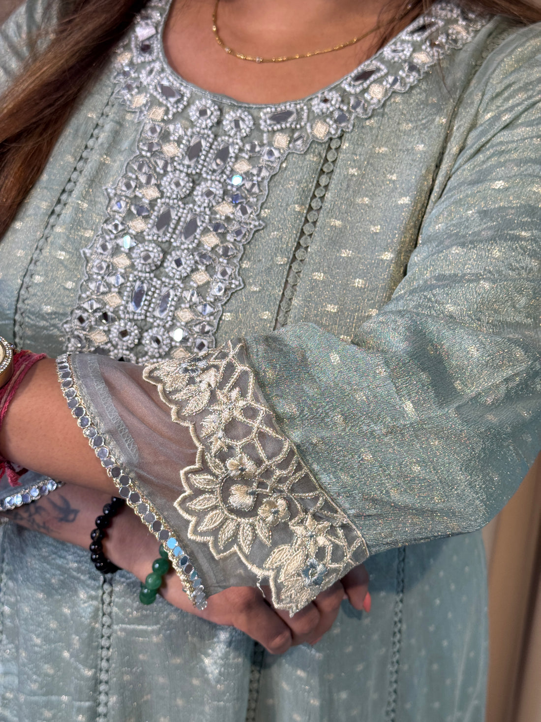 Mint Aura Shimmer Silk Anarkali Set