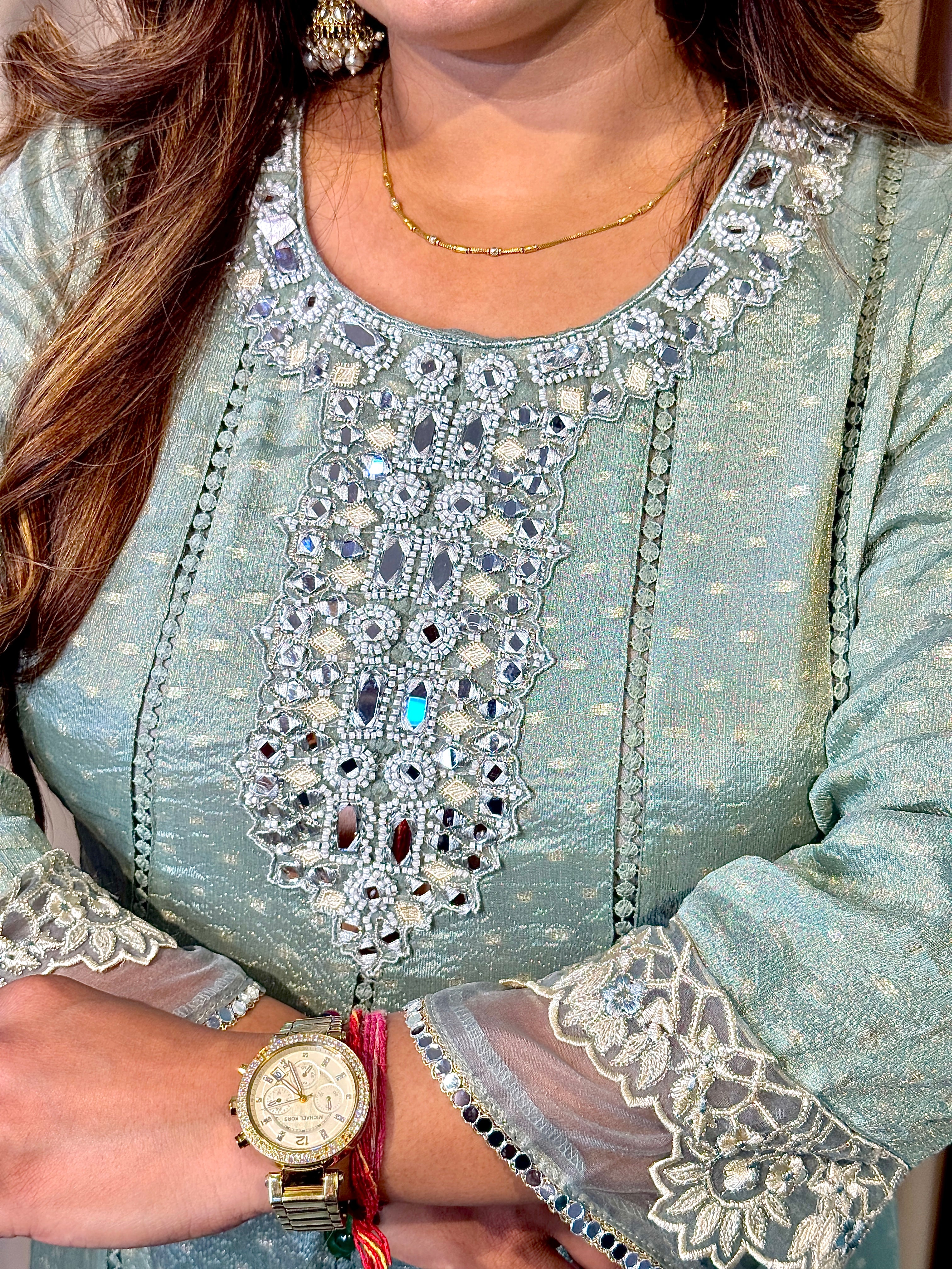Mint Aura Shimmer Silk Anarkali Set