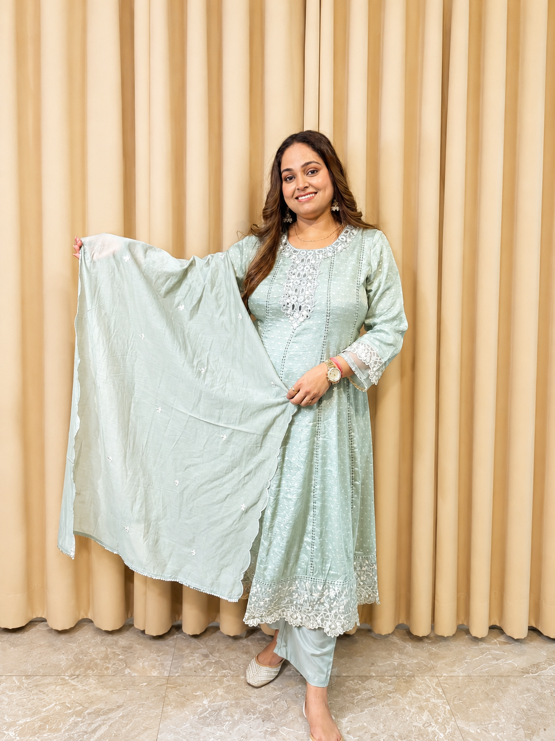 Mint Aura Shimmer Silk Anarkali Set