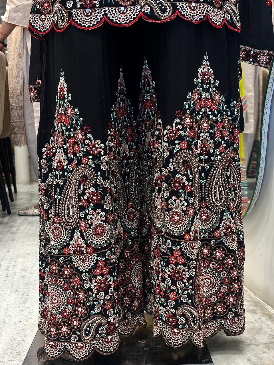 Black Thread Embroidery Sharara Set