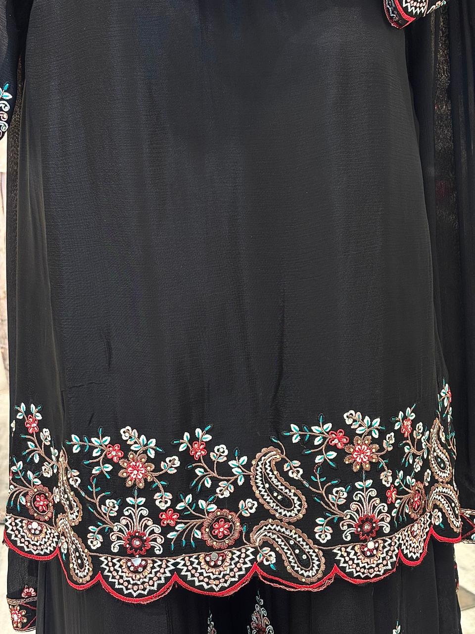 Black Thread Embroidery Sharara Set