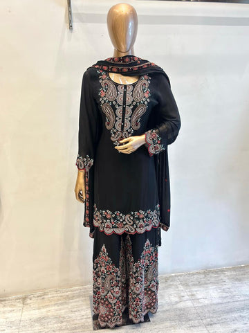 Black Thread Embroidery Sharara Set