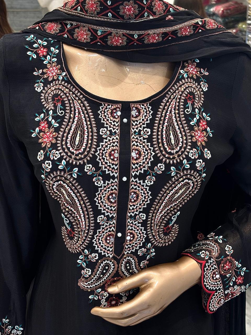 Black Thread Embroidery Sharara Set