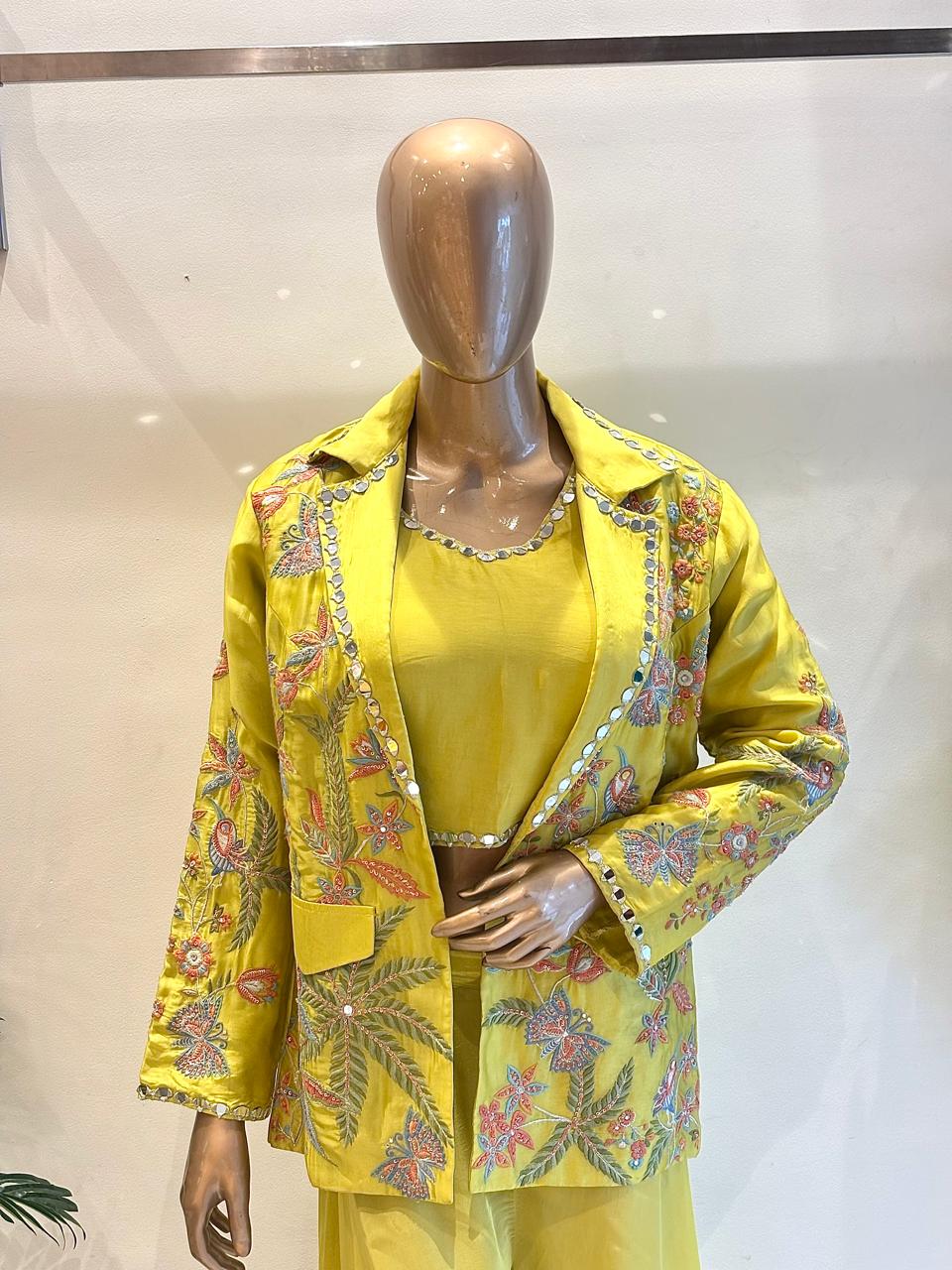 Yellow Mirror & Embroidery Jacket Indo-Western Set