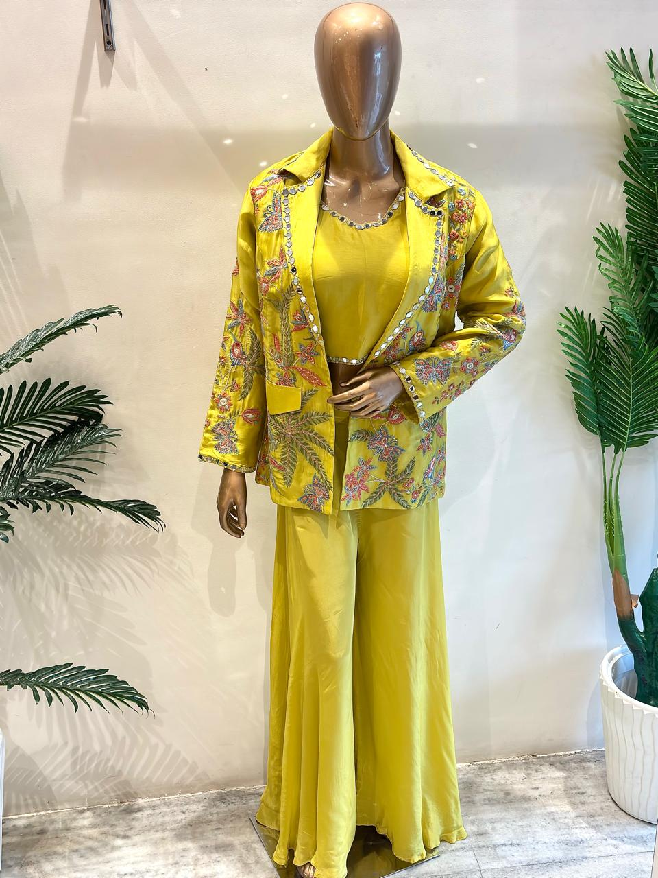 Yellow Mirror & Embroidery Jacket Indo-Western Set