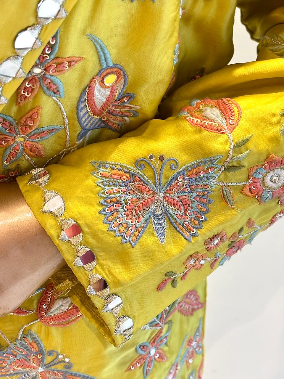 Yellow Mirror & Embroidery Jacket Indo-Western Set