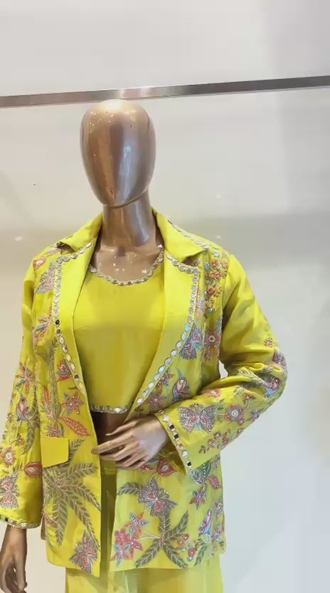 Yellow Mirror & Embroidery Jacket Indo-Western Set