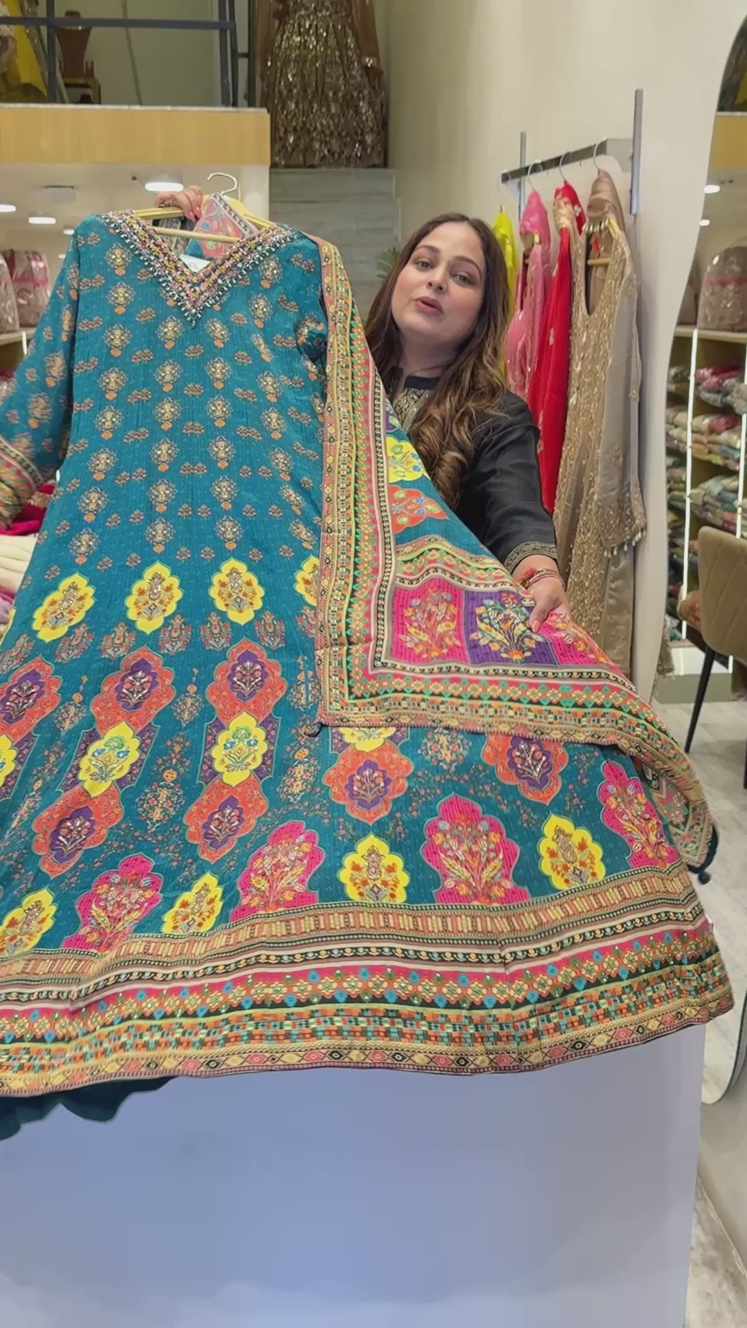 Teal Heritage Print Anarkali